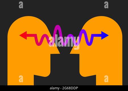 Psychology logo with two heads and arrow. Communication sign. Abstract coaching icon. Smart brain symbol Stock Vector
