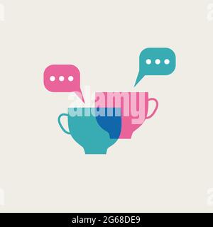 Coffee talk logo. Two cups of tea symbol. Networking with cup of coffee. Friendship, meeting with devil. Vector icon Stock Vector
