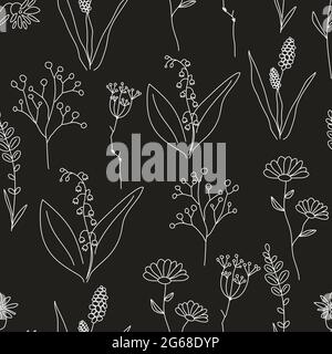 Seamless pattern with wildflowers drawn in thin line. Floral summer vintage print for fabric, textile or wallpaper. Background with outline flowers. V Stock Vector