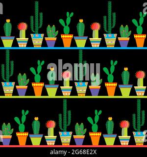 Seamless pattern with rows of different cactus over black background Stock Vector