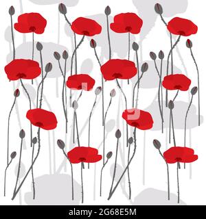 Seamless pattern with hand drawn stylized poppies on white background Stock Vector