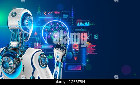 Android robot 3D with AI on a blue background. Artificial intelligence ...