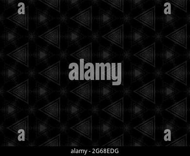 Seamless abstract black textured pattern with kaleidoscope effect. Symmetric geometric ornament for digital paper, textile printing, wallpaper background design. Vector illustration. Stock Vector