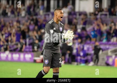 Orlando, United States. 04th July, 2021. Brandon Austin (23 Orlando City) celebrates after Chris Mueller (9 Orlando City) scored during the Major League Soccer game between Orlando City and New York Red Bulls at Exploria Stadium in Orlando, Florida. NO COMMERCIAL USAGE. Credit: SPP Sport Press Photo. /Alamy Live News Stock Photo