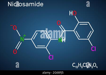 Niclosamide molecule. It is chlorinated salicylanilide, antihelminthic drug for the treatment of tapeworm infections. Structural chemical formula on Stock Vector