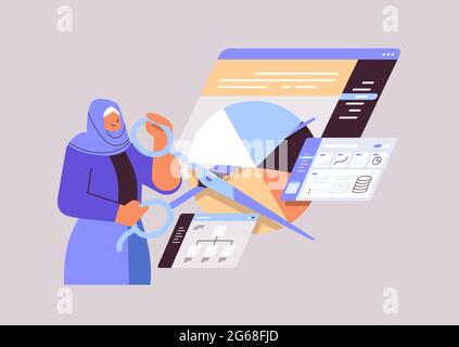 arab businesswoman with scissors creating visual graphs business charts financial statistics data analyzing concept Stock Vector