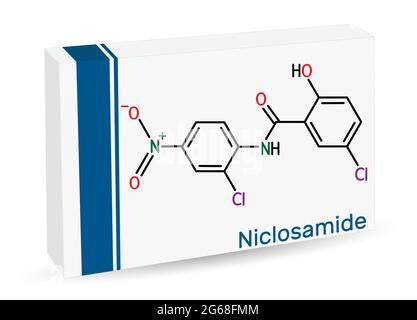 Niclosamide molecule. It is chlorinated salicylanilide, antihelminthic drug for the treatment of tapeworm infections. Skeletal chemical formula. Paper Stock Vector