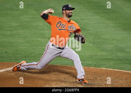 July 3, 2021: Baltimore Orioles relief pitcher Adam Plutko (35) pitches for the Orioles during the game between the Baltimore Orioles and the Los Angeles Angels of Anaheim at Angel Stadium in Anaheim, CA, (Photo by Peter Joneleit, Cal Sport Media) Stock Photo