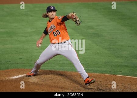 July 3, 2021: Baltimore Orioles relief pitcher Isaac Mattson (60) pitches for the Orioles during the game between the Baltimore Orioles and the Los Angeles Angels of Anaheim at Angel Stadium in Anaheim, CA, (Photo by Peter Joneleit, Cal Sport Media) Stock Photo