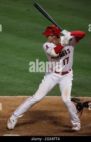 July 3, 2021: Los Angeles Angels designated hitter Shohei Ohtani (17) bats the Angels during the game between the Baltimore Orioles and the Los Angeles Angels of Anaheim at Angel Stadium in Anaheim, CA, (Photo by Peter Joneleit, Cal Sport Media) Stock Photo