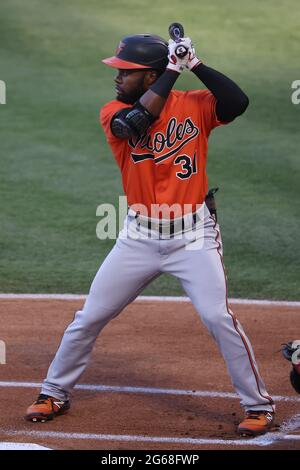 July 3, 2021: Baltimore Orioles center fielder Cedric Mullins (31) bats for the Orioles during the game between the Baltimore Orioles and the Los Angeles Angels of Anaheim at Angel Stadium in Anaheim, CA, (Photo by Peter Joneleit, Cal Sport Media) Stock Photo