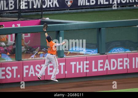 July 3, 2021: Baltimore Orioles right fielder Austin Hays (21) jumps but can't reach the ball during the game between the Baltimore Orioles and the Los Angeles Angels of Anaheim at Angel Stadium in Anaheim, CA, (Photo by Peter Joneleit, Cal Sport Media) Stock Photo