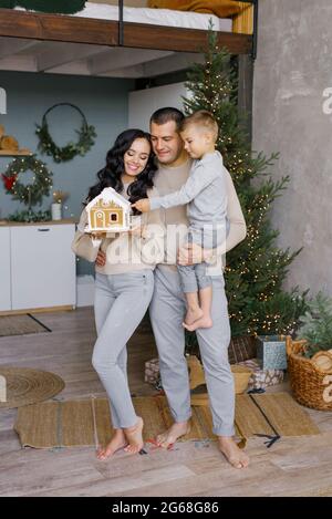 A stylish young family with a small child is standing in their kitchen, decorated for Christmas, and admiring a gingerbread house prepared with their Stock Photo