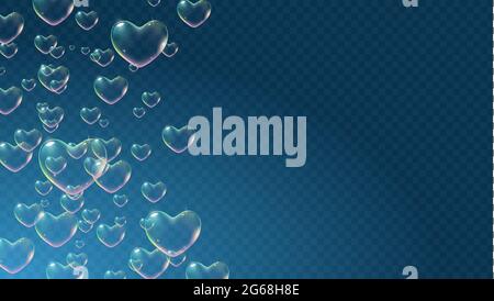 Dark transparent background with rainbow colored heart-shaped soap bubbles for Valentine card. Vector Stock Vector