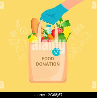 Hand in gloves with bag full of donation food. Stock Vector