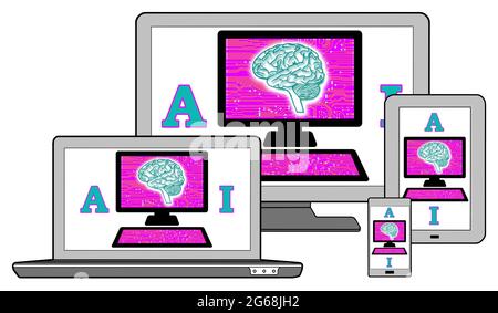 Artificial intelligence concept on different devices, isolated on white Stock Photo