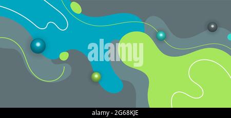 Abstract modern template green and blue organic dynamic shapes 3d circles elements compositions of colored spots and lines on gray background. Vector Stock Vector