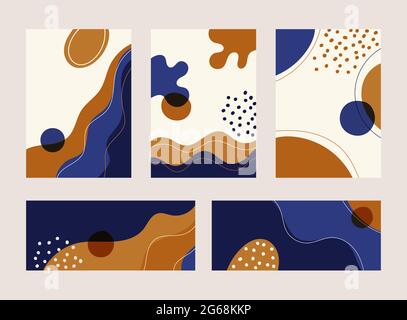 Set of abstract banner, cover brochure, poster modern line wave shape pattern with hand drawn on white background. Organic form shape contemporary col Stock Vector