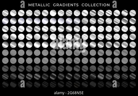 Big collection of silver and black metallic gradients. Silver and black texture gradation background set. Vector metal gradients. Elegant, shiny and Stock Vector