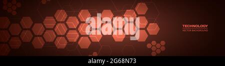 Dark red technology abstract wide background with hexagonal elements. Abstract hexagon medical red horizontal banner. Innovation medicine, science Stock Vector