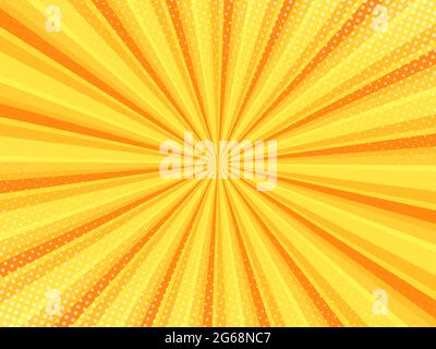 Yellow comic background with halftone. Pop art style effect, cartoon comic orange background with lightning blast halftone dots. Vector illustration. Stock Vector