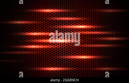 Dark red background. Dark hexagon carbon fiber texture. Red honeycomb metal texture steel background with bright flashes. Web design template vector Stock Vector