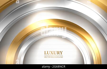 Abstract luxury vector background. Three-dimensional gold and silver circles on striped white background. Vector illustration EPS 10. Stock Vector