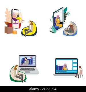 Online visit to psychiatrist concept, various patients and doctors. Psychological therapist and rehabilitation, consultation online and therapy, psych Stock Vector