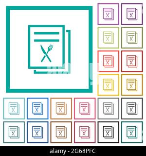 Menu flat color icons with quadrant frames on white background Stock Vector