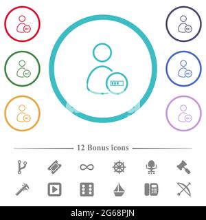 User processing outline flat color icons in circle shape outlines. 12 bonus icons included. Stock Vector