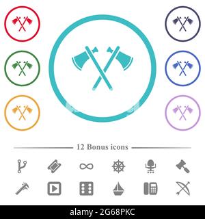 Two tomahawks flat color icons in circle shape outlines. 12 bonus icons included. Stock Vector