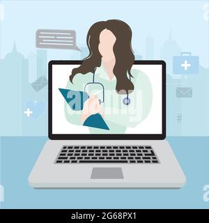 Medical consultation remote, doctor give advice from laptop. Vector healthcare consulting, doctor online suggest and recommend medications to treatmen Stock Vector