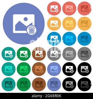 Delete image multi colored flat icons on round backgrounds. Included white, light and dark icon variations for hover and active status effects, and bo Stock Vector