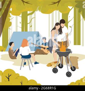 Outdoor recreation, people grill bbq, camping in forest. Vector summer lunch, eating and cooking, cartoon people with guitar and bbq grill illustratio Stock Vector