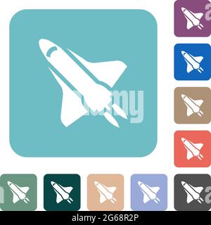 Space shuttle with propulsion white flat icons on color rounded square backgrounds Stock Vector