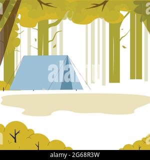 Landscape tent in green wood, place to camping. Vector adventure and tourism, outdoor wood camp, summer travel expedition Stock Vector