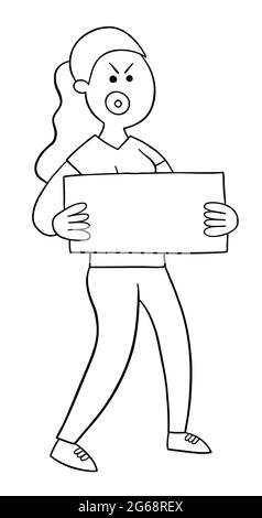 Cartoon angry protester woman holding sign and walking, vector illustration. Black outlined and white colored. Stock Vector