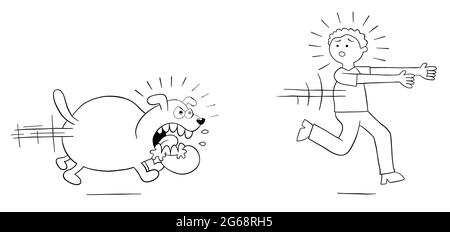 Cartoon angry dog chases man and man runs away, vector illustration. Black outlined and white colored. Stock Vector