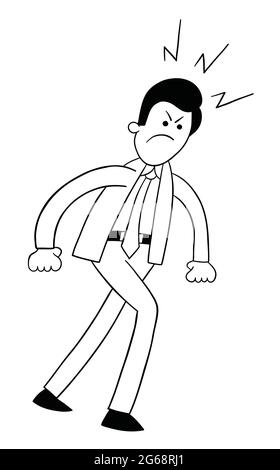 Cartoon business man walking angry, vector illustration. Black outlined and white colored. Stock Vector