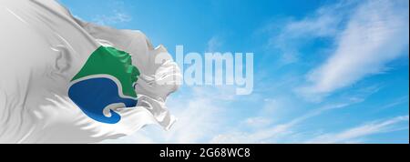 official city flag of Hamamatsu, Shizuoka waving in the wind on flagpoles against sky with clouds on sunny day. Japan Patriotic concept. 3d illustrati Stock Photo
