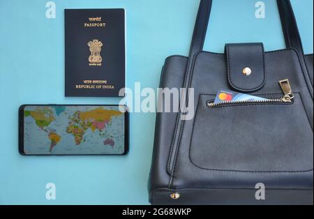 Mandi, Himachal Pradesh, India - 04 24 2021: Concept of international traveling  for a woman Stock Photo