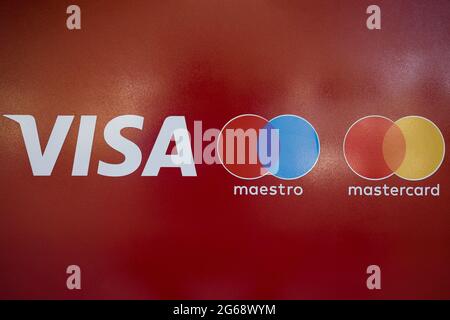 Bishkek , Kyrgyzstan  Jule 04 , 2021 :    Visa and Master credit card  ATM  close up. Stock Photo