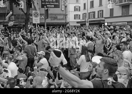 Pure emotions at the public football event at Longstreet in Zürich city at the match Switzerland against Spain during the world champion chip 2021 Stock Photo