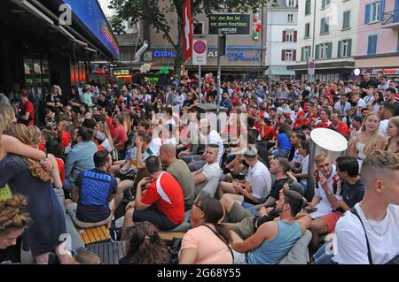 Pure emotions at the public football event at Longstreet in Zürich city at the match Switzerland against Spain during the world champion chip 2021 Stock Photo