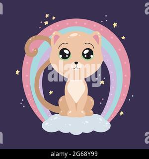 Cute childish illustration of cat on a cloud with a rainbow and stars on dark background. Flat picture of a kitten for postcards. Sweet Dreams. Vector Stock Vector