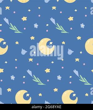 Cute childish pattern with star, crescent and flowers on blue background. Vector texture with moon and floral pattern. Cartoon summer night wallpaper Stock Vector