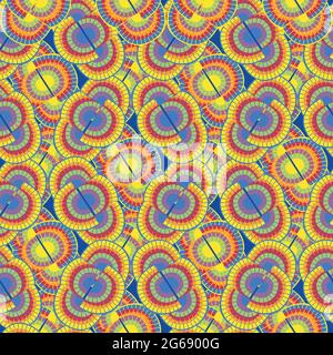1970s style rainbow seamless vector pattern background. Backdrop with mosaic style oval pairs of rainbows in psychedelic colors. Funky overlapping Stock Vector
