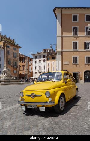 Fiat 500 Abarth classic car parked in Pantheon square in Rome Stock Photo