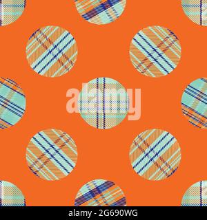 Woven tartan circles seamless vector pattern background. Neon tropical color plaid circle shapes backdrop. Geometric faux woven fabric modern check Stock Vector