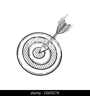 Dart board with arrow in the centre. Goal achieving concept. Sketch icon on white background. Vector illustration. Stock Vector